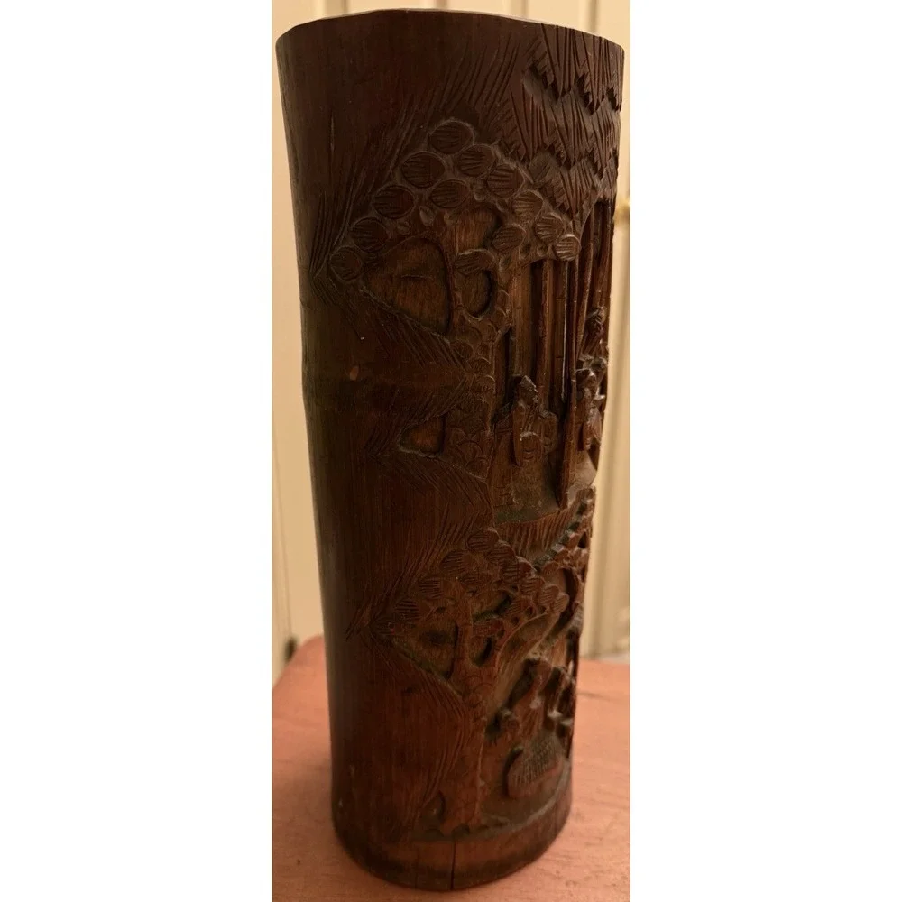 Antique Chinese carved‎ landscapes and figurines bamboo brush pot Vase